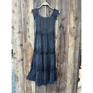 Whimsigoth Boho Peasant Fairy Grunge Smocked Bodice Embroidered Tiered Maxi